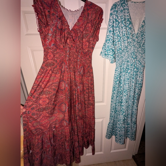 Bundle: 2 Maxi Dresses Stretchy & Comfy Sz XL /16 Dark Red & Green Blue Smocked - Picture 2 of 5